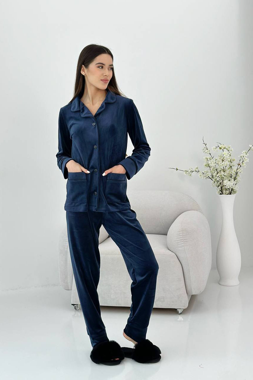 Велюровий костюм на ґудзиках з двома кишенями 098-22 XS-L